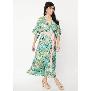 Unique Vintage Retro Floral Pastel Kimono Wrap Midi Dress Small NEW